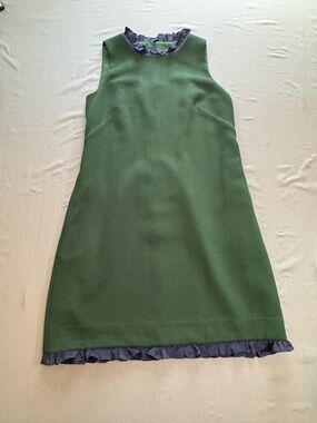 J. Crew Forest Green Dress with Navy Ruffle Trim Size 10 Preppy Classic